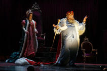 Photograph from Exit The King - lighting design by HawkinsLX